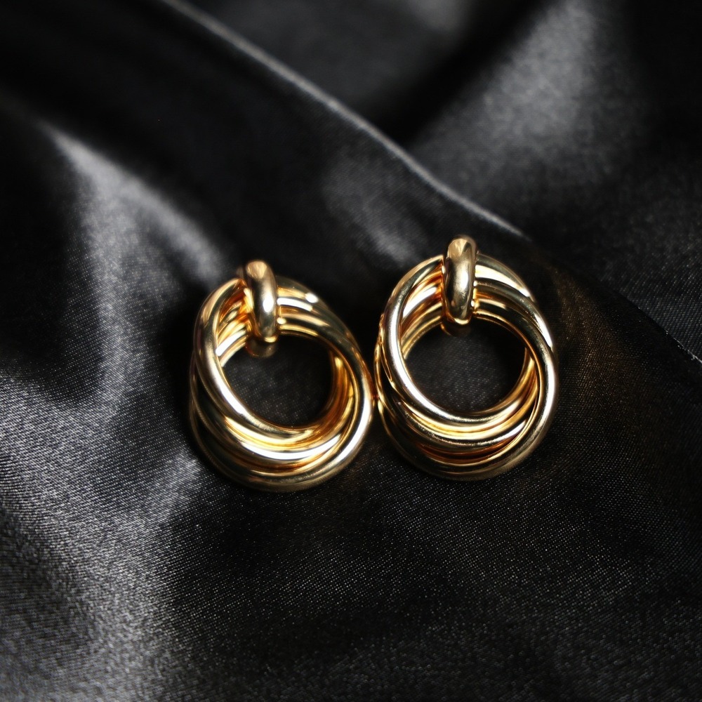 Gold Stainless Steel Interlocking Triple Hoop Earrings Door Knocker JW035